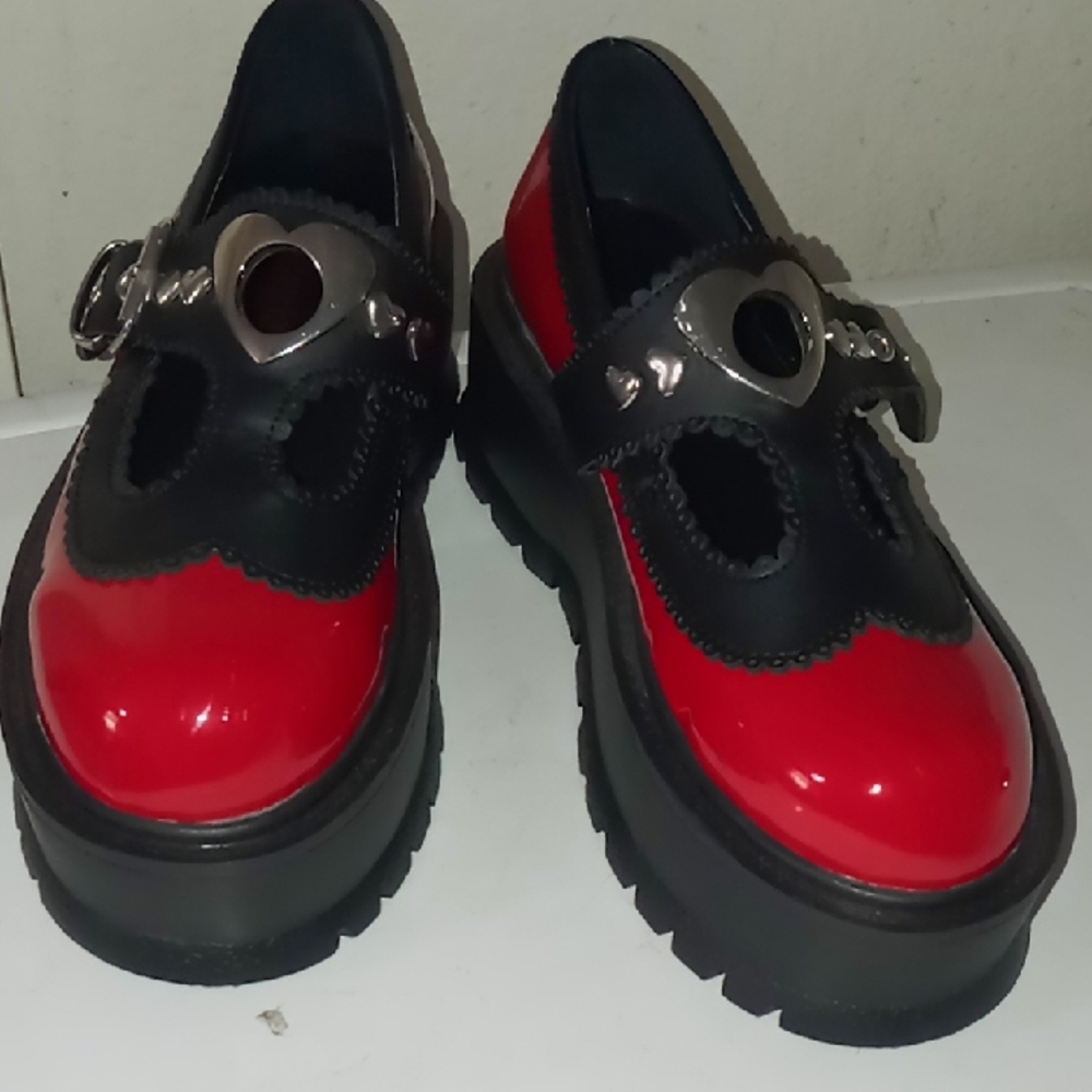 Demonias Stackers  Red And Black With A Silver Heart In The Middle.